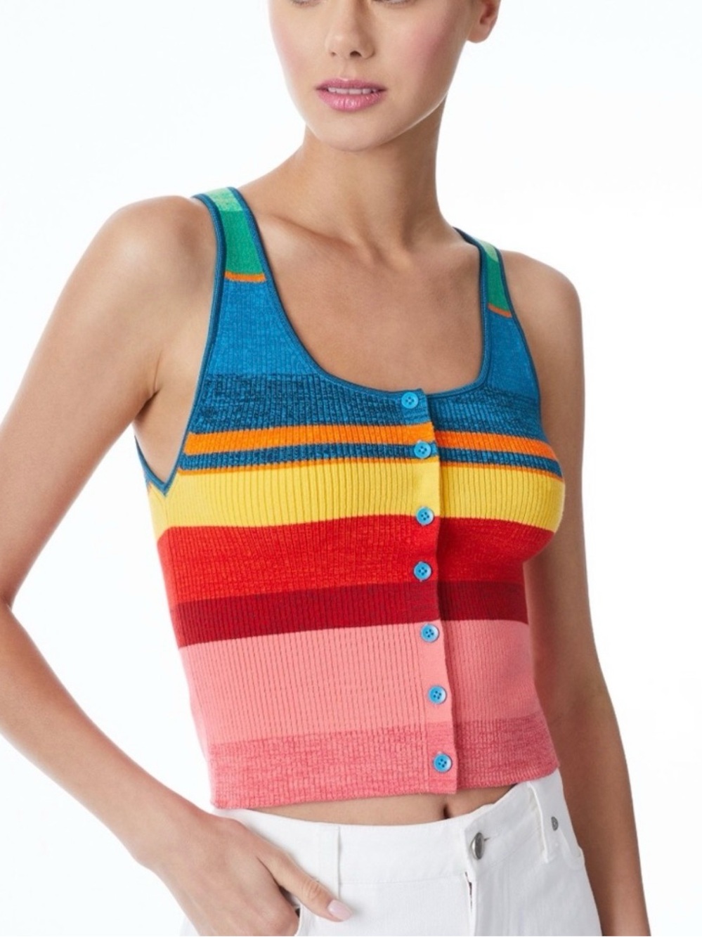 Alice + Olivia Multicolor Striped Button-Front Crop Tank